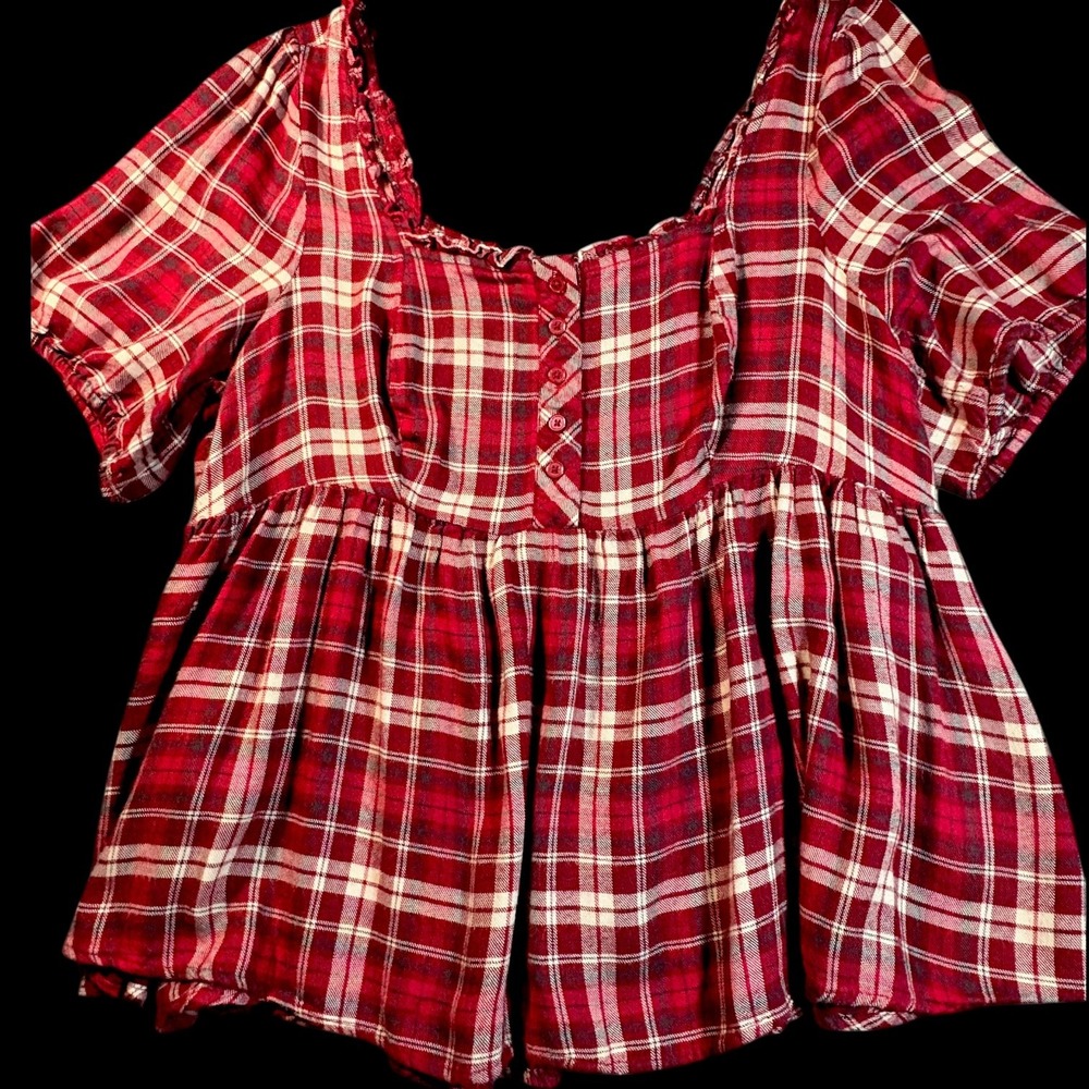 Torrid Plus Size 1 Red Plaid Babydoll Top Smocked Back Button Front Short Sleeve